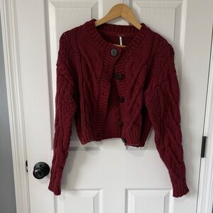 Free People Cropped Cable-Knit Cardigan - Wine